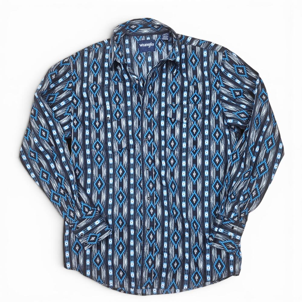 WRANGLER Western Aztec Pearl Snap Shirt Mens M VTG Y2K Tribal Cowboy Ranch Rodeo